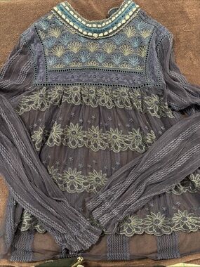 Blank London Embroidered Sheer Floral Boho Top in Dusty Blue
